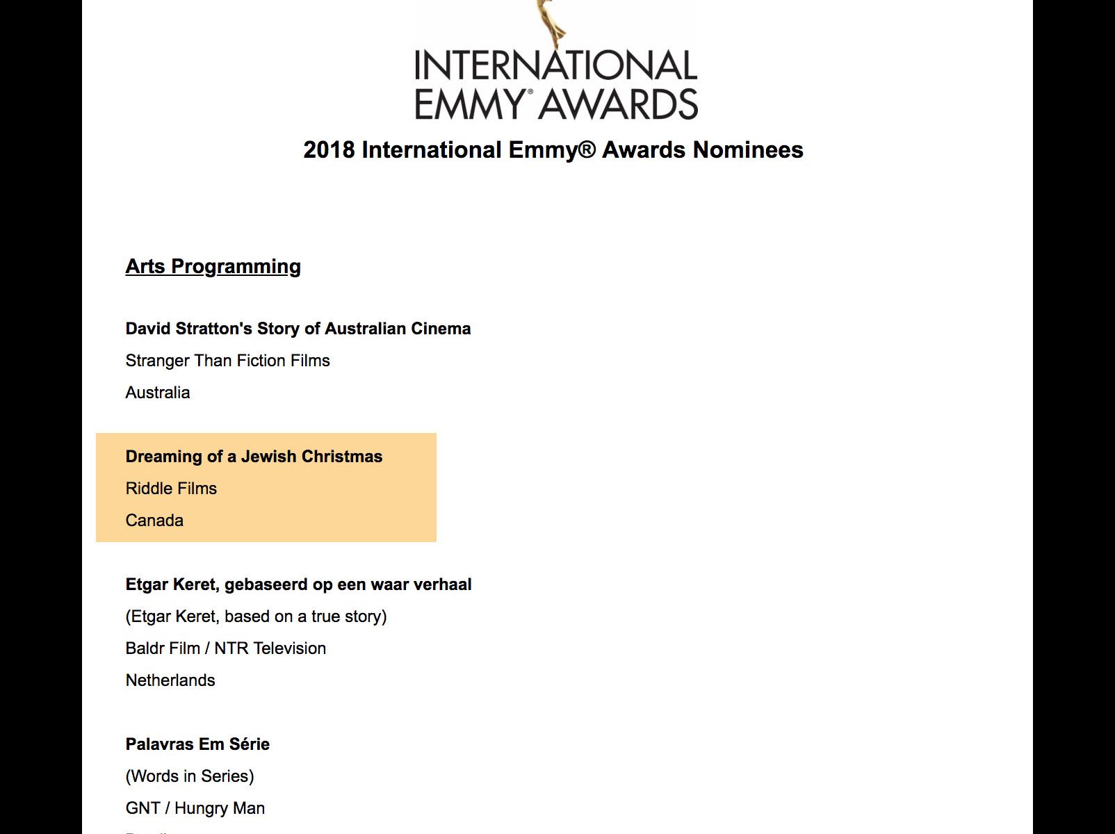 Riddle Films is Nominated for an International Emmy - 2018